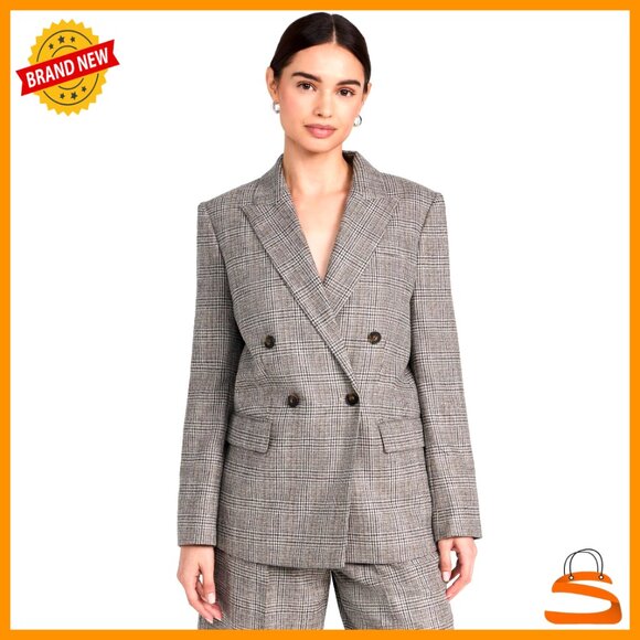 Plaid Double Breasted Blazer Classic Tailored Elegant Wool Blend Straight Fit